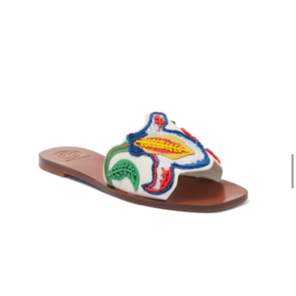 Tory Burch Bianca Floral Embroidered Brown Slide Sandals size 8M worn only once